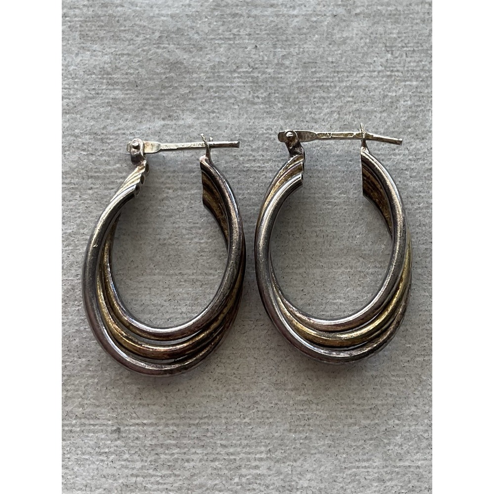 Italy 925 Sterling Silver Two Tone Hoop Earrings Vintage Estate Jewelry